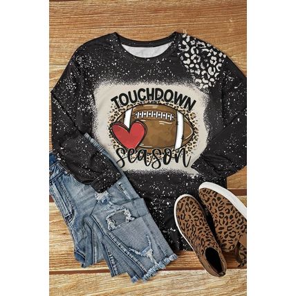 Black TOUCHDOWN Season Rugby Leopard Print Long Sleeve Top
