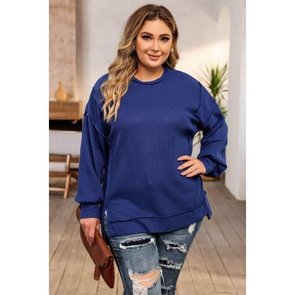 Blue Plus Size Waffle Knit Oversized Exposed Seam Top