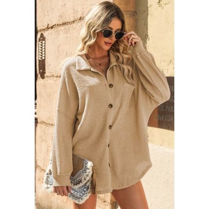 Khaki Waffle Knit Button Up Casual Shirt