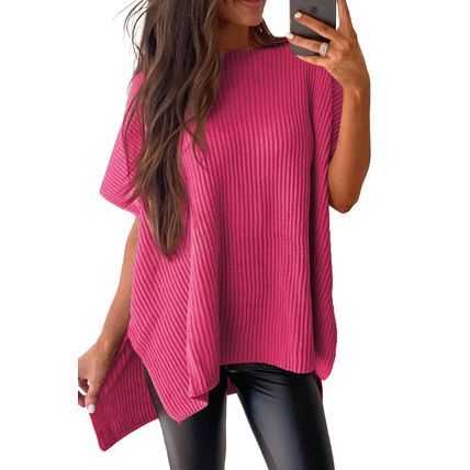 Rose Red Short Sleeve Side Slit Oversized Sweater