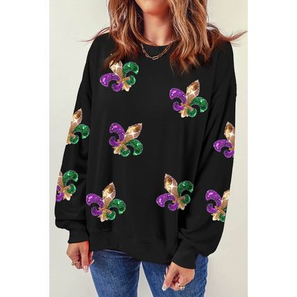 Black Sequin Mardi Gras Graphic Pullover Sweatshirt