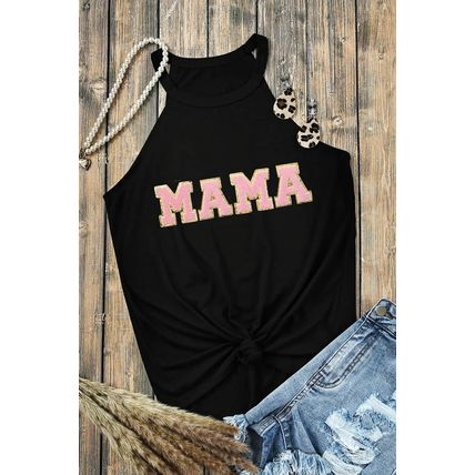 Black MAMA Chenille Patched O Neck Tank Top
