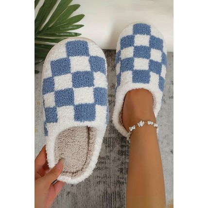 Light Blue Checkered Print Fuzzy Slip On Winter Slippers