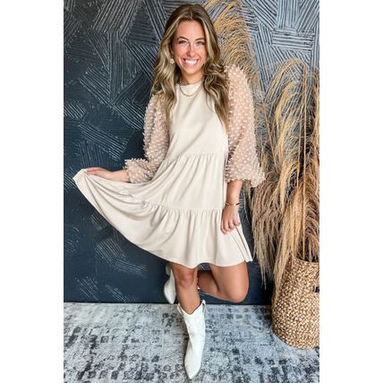 Beige Embellished Puff Sleeve Tiered A-line Dress