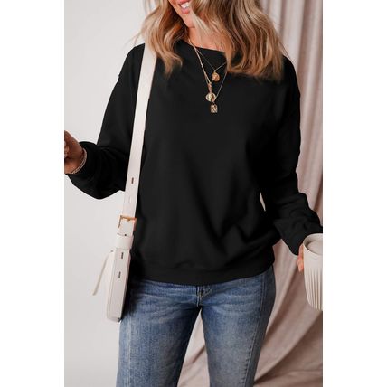 Black Solid Fleece Lined Drop Shoulder Terry Sweatshirt
