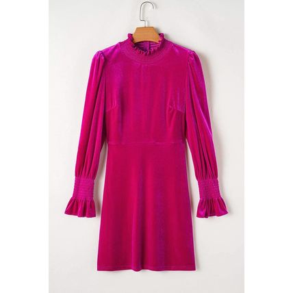 Rose Red Smocked Mock Neck Ruffled Puff Sleeve Velvet Mini Dress