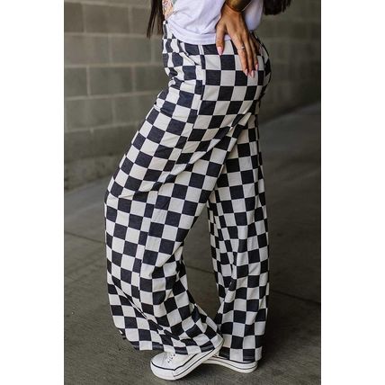 Black 2-Tone Checked Print High Waist Wide Leg Pants