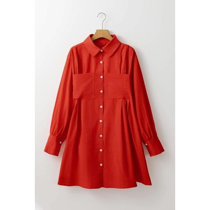 Tomato Red Bishop Sleeve Button Up Pleated Mini Shirt Dress