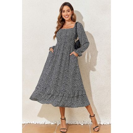 Black Floral Printed Long Sleeve Square Neck Midi Dress