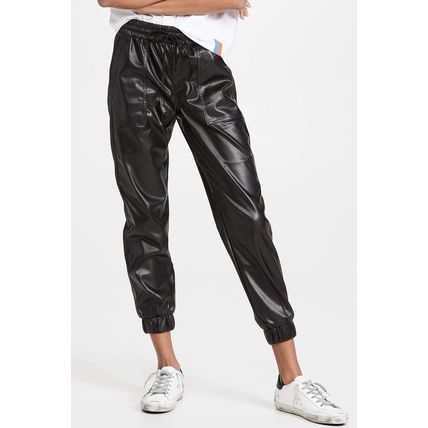 Black Faux Leather Ankle Smocked Waist Drawstring Joggers
