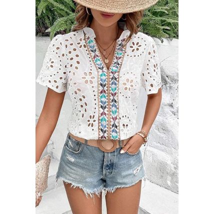 White Geometric Embroidery Hollow Out Blouse