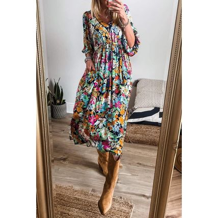 Green Floral Puff Sleeve V Neck Tassel Drawstring Dress