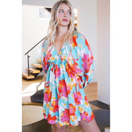 Sky Blue Floral Bracelet Sleeve Empire Waist Mini Dress