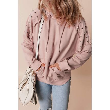 Fushia Solid Color Rivet Stud Raglan Sleeve Hoodie with Pocket