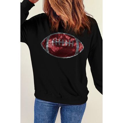 Black Rhinestone Rugby Football Pattern Crew Neck Pullover Sweatshirt