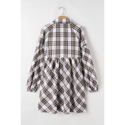 White Plaid Bubble Sleeve Flowy Shirt Dress
