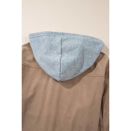 Pale Khaki Hooded Drawstring Pockets Corduroy Shacket