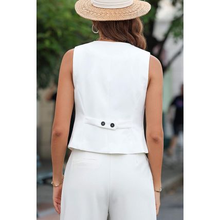 White Solid Color Button up V Neck Suit Vest
