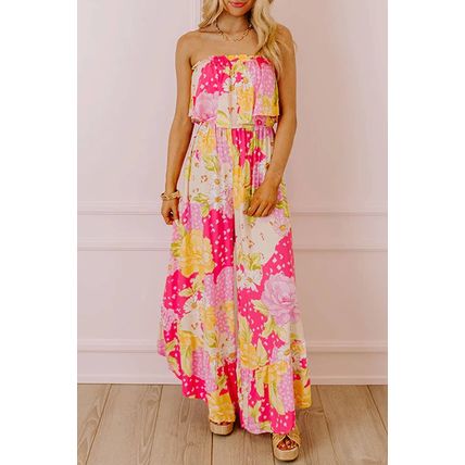 Multicolour Floral Print Ruffled High Waist Tube Top Loose Jumpsuit
