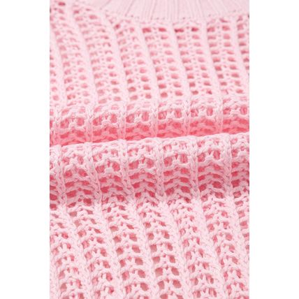 Pink Hollow-out Crochet Side Tied Short Sleeve Sweater