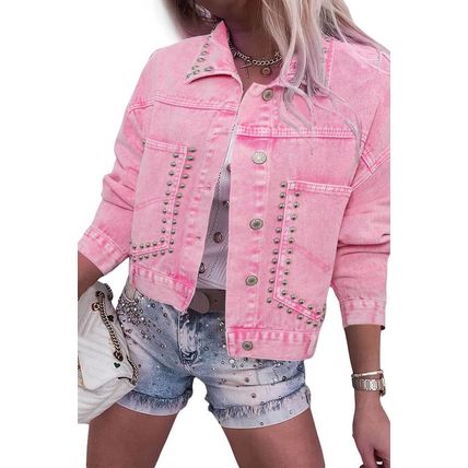 Pink Rivet Studded Pocketed Denim Jacket