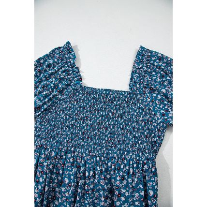 Blue Vintage Boho Floral Smocked Short Puff Sleeve Wide Leg Jumpsuit