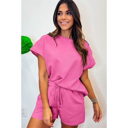Strawberry Pink 2pcs Solid Textured Drawstring Shorts Set