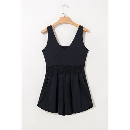 Black Plain Sleeveless Loop Drawstring Cinched Waist Romper