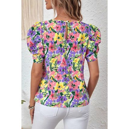 Purple Floral Print Puff Short Sleeve Crew Neck Blouse