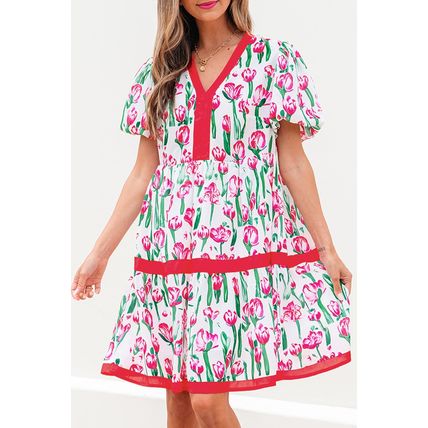 Pink Floral Print Contrast Trim V Neck Bubble Short Sleeve Babydoll Dress