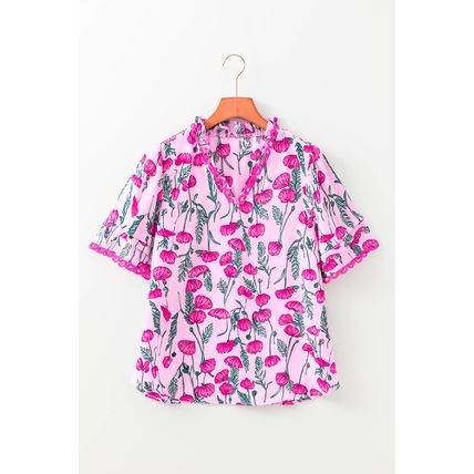Pink Floral Lace Detail Frilled V Neck Summer Blouse