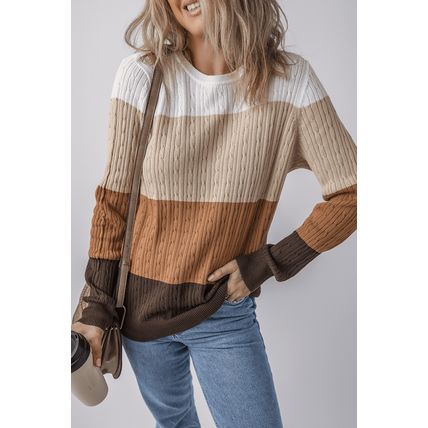 Khaki Colorblock Cable Knit Round Neck Sweater
