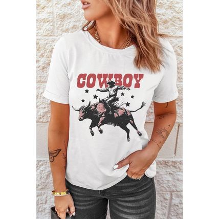 White COWBOY Star Graphic Crewneck Western Fashion Tee