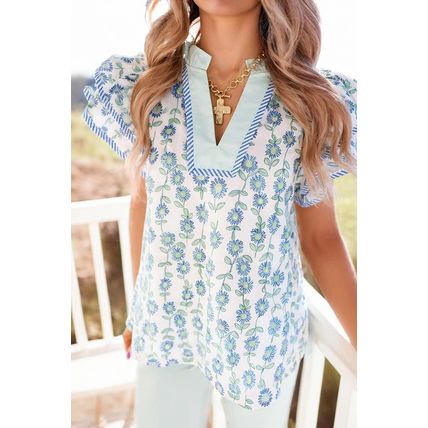 Green Floral Print Striped Detail Contrast V Neck Patchwork Flutter Sleeve Blous
