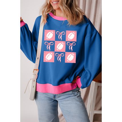 Blue Rugby Bowknot Graphic Game Day Contrast Trim Drop Shoulder Casual Sweatshir