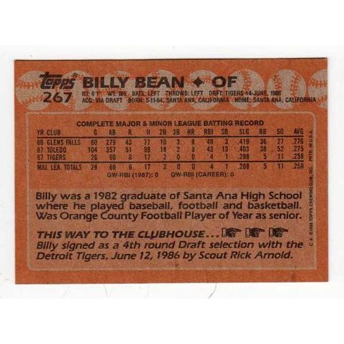 1988 Topps Billy Bean RC baseball rookie card #267 – Moneyball
