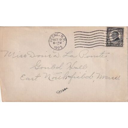 United States 1923 Keene NH-East Northfield MASS Cover Keene cancel written VGC