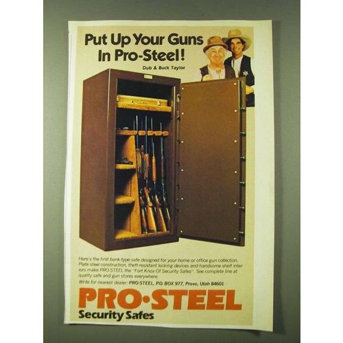 1980 Pro-Steel Security Safe Ad - Dub & Buck Taylor - Put up your guns