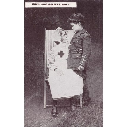 Red Cross Nurse & Military Soldier Boy Antique Postcard