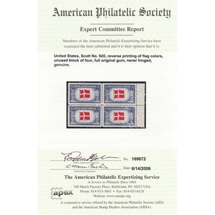 920a, Reverse Printing of Flag Colors VF NH With APS Certificate ..- Stuart Katz