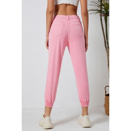 Pink Acid Wash Elastic Cuffed High Waist Jeans