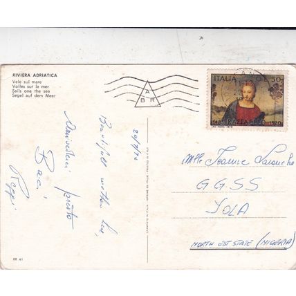 Riviera Adriatica Vele sur Mer Italy Postcard posted 1970 crease