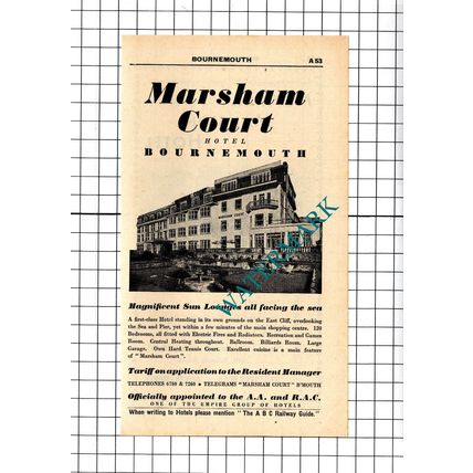 Marsham Court Hotel Bournemouth / Meyrick Mansion Hotel Advert - 1958 Cutting