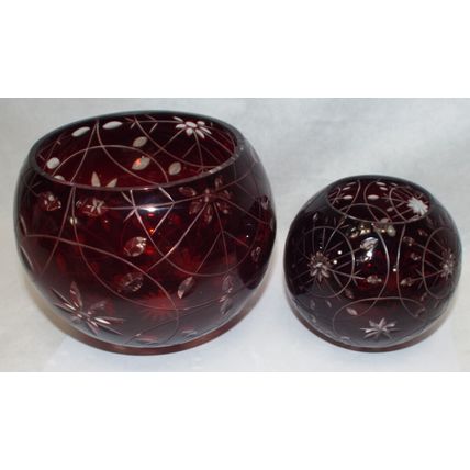 2 Mint Vintage Hand Made Ruby Red Bohemian Cut Crystal Art Glass Bowl Vase Set