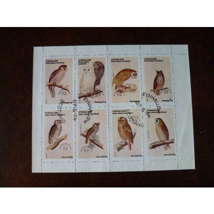 1974 Eynhallow Scotland Owls cancelled Sheetlet stamps birds Holy Island UPU