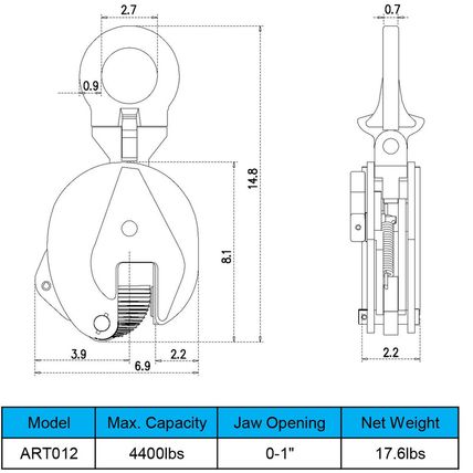 Vertical Plate Clamp, 4400Lbs Steel Plate Lifting Clamp,2T，Jaw Opening up to 0.6