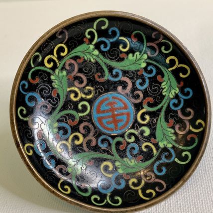 Antique Chinese Metal Cloisonné Saucer Bowl Trinket Dish Longevity Long Life 3.5