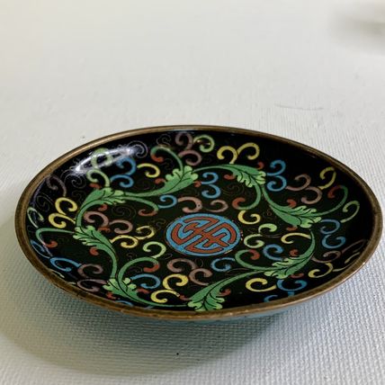 Antique Chinese Metal Cloisonné Saucer Bowl Trinket Dish Longevity Long Life 3.5