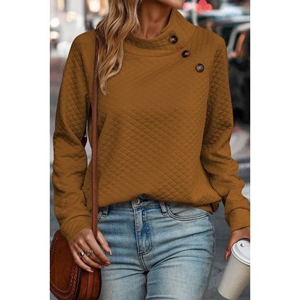Chestnut Quilted Buttoned Neckline Stand Neck Pullover Sweatshirt