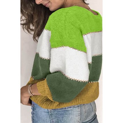 Green Plus Size Color Block Patchwork Sweater